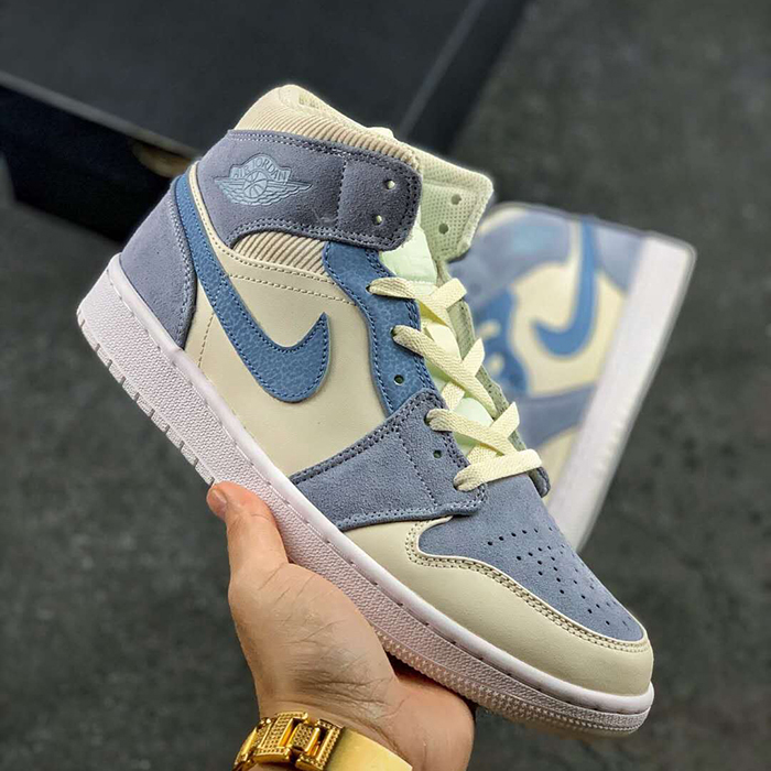 Air Jordan 1 AJ1 MID High Running Shoes-Light Gray/Blue-5456260