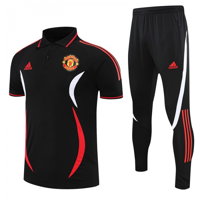 Manchester United M-U POLO kit black Jersey Edition Classic Training Suit (Shirt + Pant)-9858597