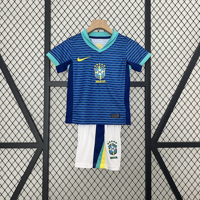 2024 kids Brazil Away Kids Blue Jersey Kit short sleeve (Shirt + Short)-9457454