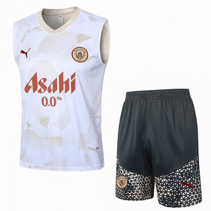 24/25 Manchester City White Khaki Training Jersey Kit Sleeveless vest (Shirt + Vest)-8218299