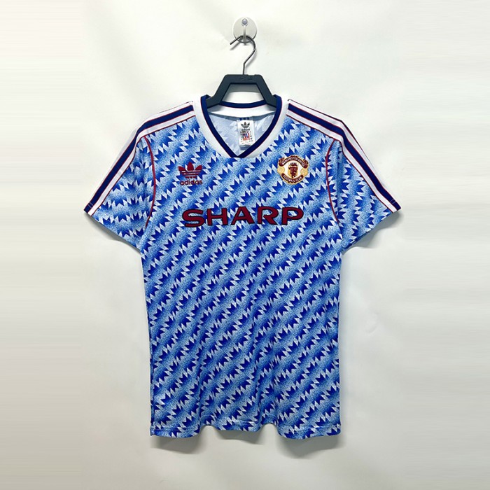 Retro 90/92 Manchester United M-U Away Blue Jersey Version Short Sleeve-9858132