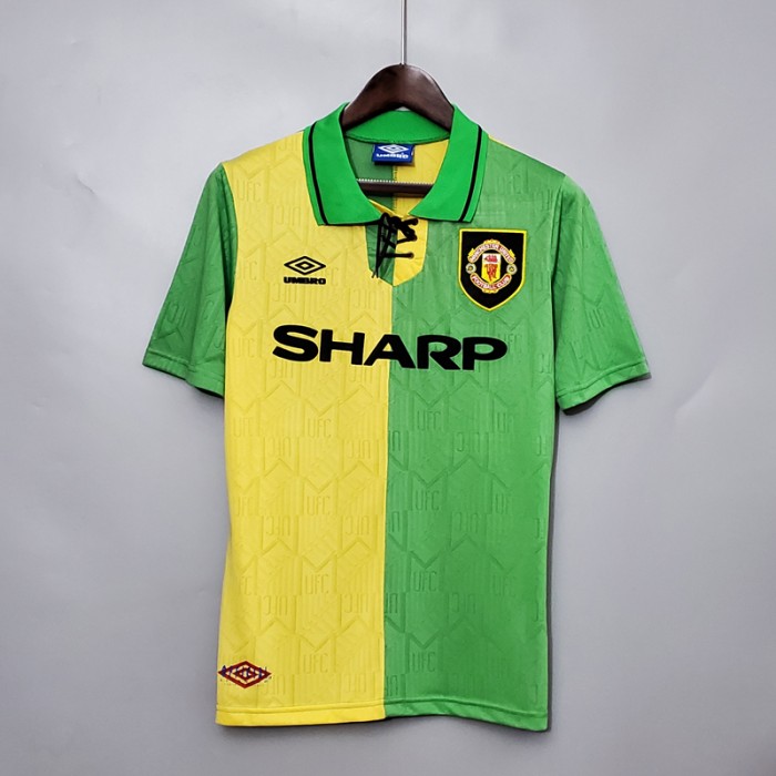 Retro 92/94 Manchester United M-U Third Away Green Yellow Jersey Version Short Sleeve-1824967