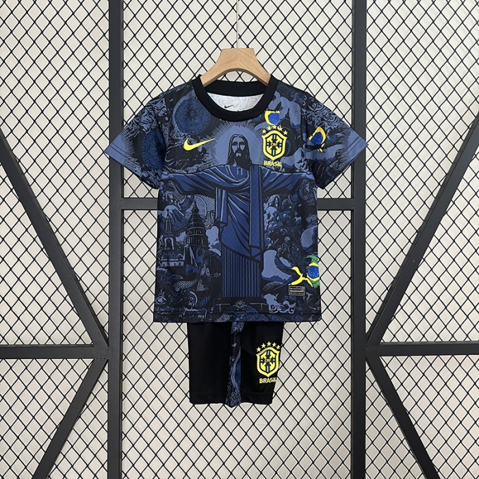 2024 Kids Brazil Special Edition Kids Gray Black Jersey Kit short sleeve (Shirt + Short)-3265573