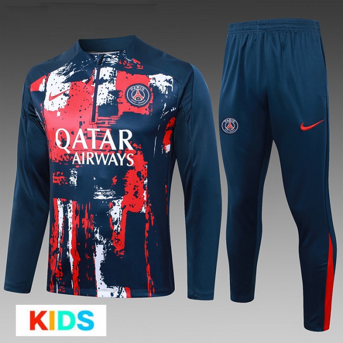 24/25 Kids Paris Saint-Germain PSG Red Blue Kids Edition Classic Jacket Training Suit (Top+Pant)-979689