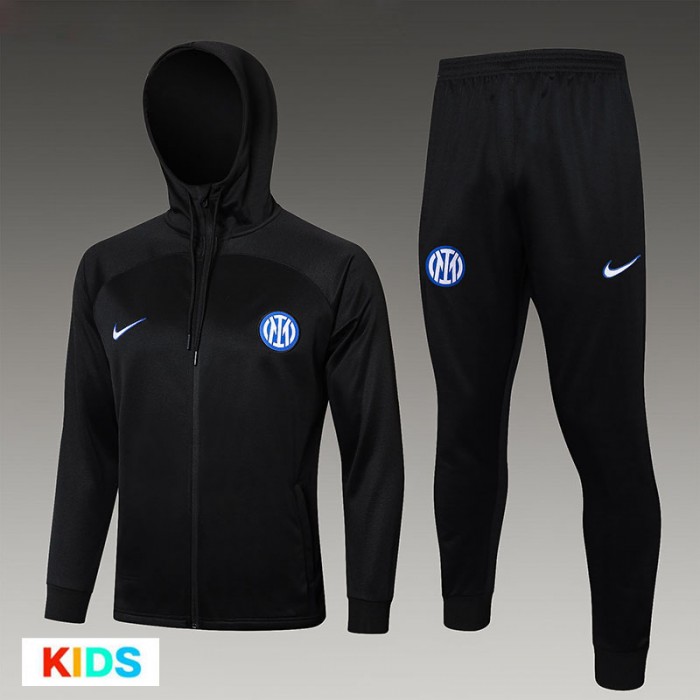 24/25 Kids BNapoli Naples Black Kids Hooded Edition Classic Jacket Training Suit (Top+Pant)-3608626