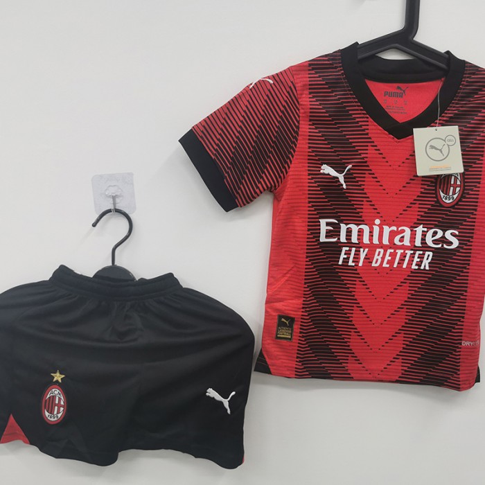 STOCK CLEARANCE [SIZE 16] 23/24 Kids AC Milan Home Kids Red Black Jersey Kit short sleeve (Shirt + Short)-5795858 [i]