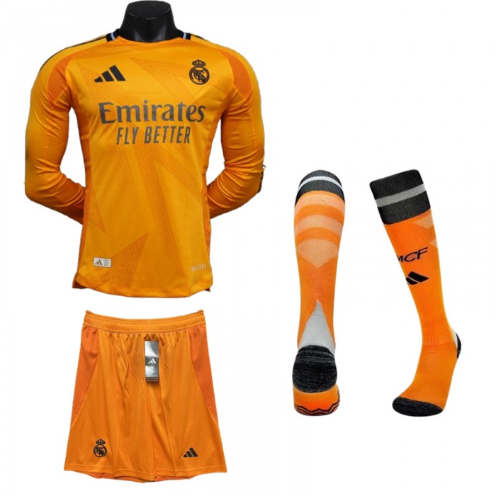 24/25 Real Madrid Away Orange Jersey Kit Long Sleeve (Long Sleeve + Short + Socks) (Player Version)-2177273